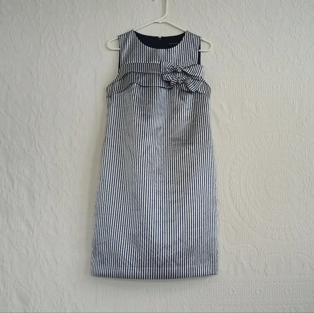 Banana Republic Navy Blue and White Pin Striped Satin Mini Dress With Bow Detail - Picture 12 of 12
